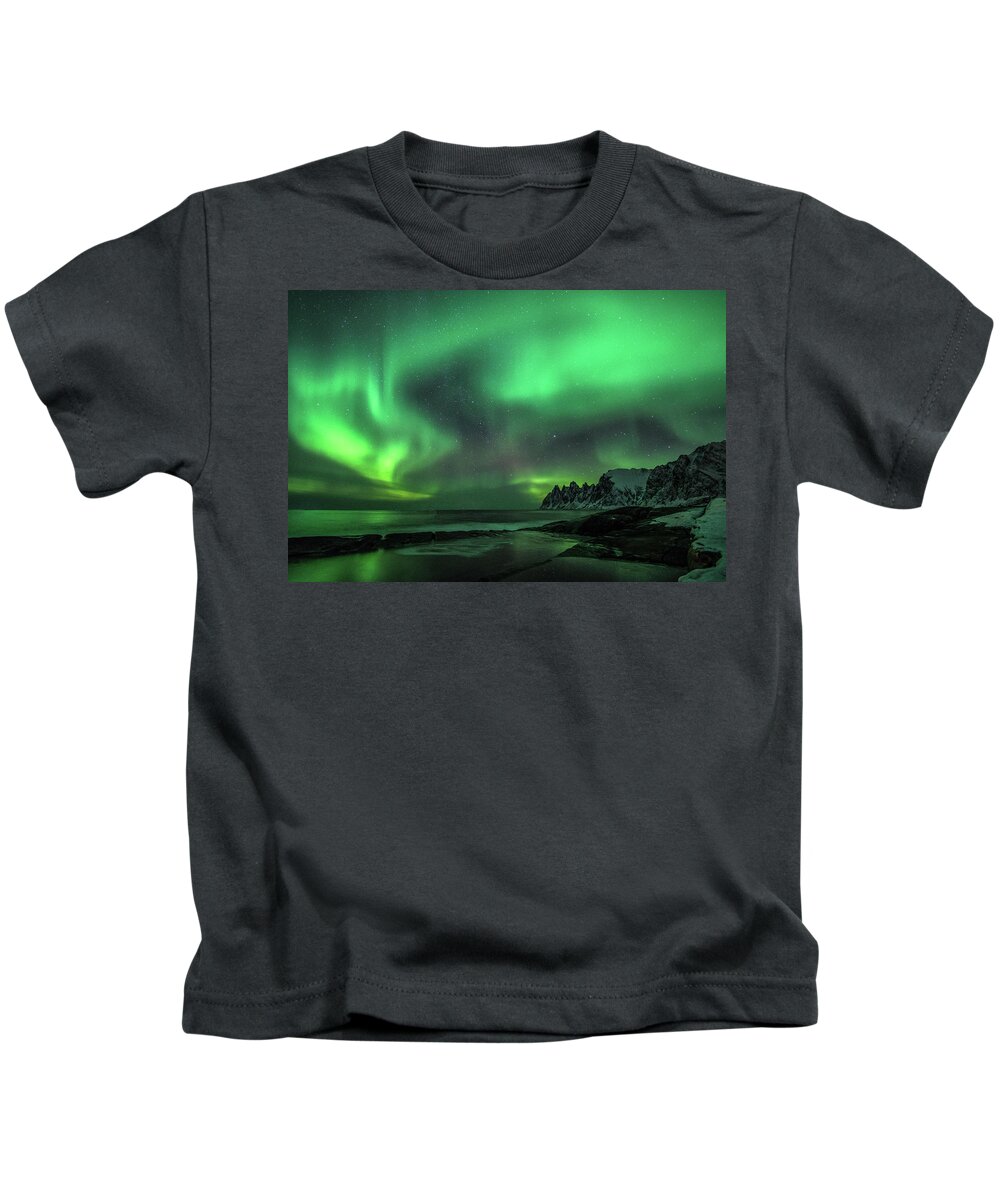 Aurora Kids T-Shirt featuring the photograph Green Skies by Linda Villers