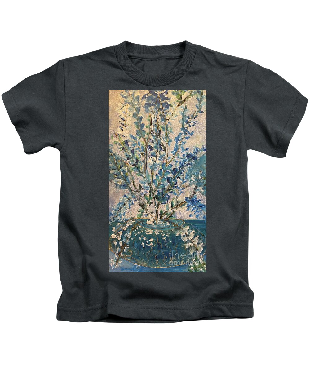 Blue Flowers Happy Kids T-Shirt featuring the painting Happy by Kathy Bee