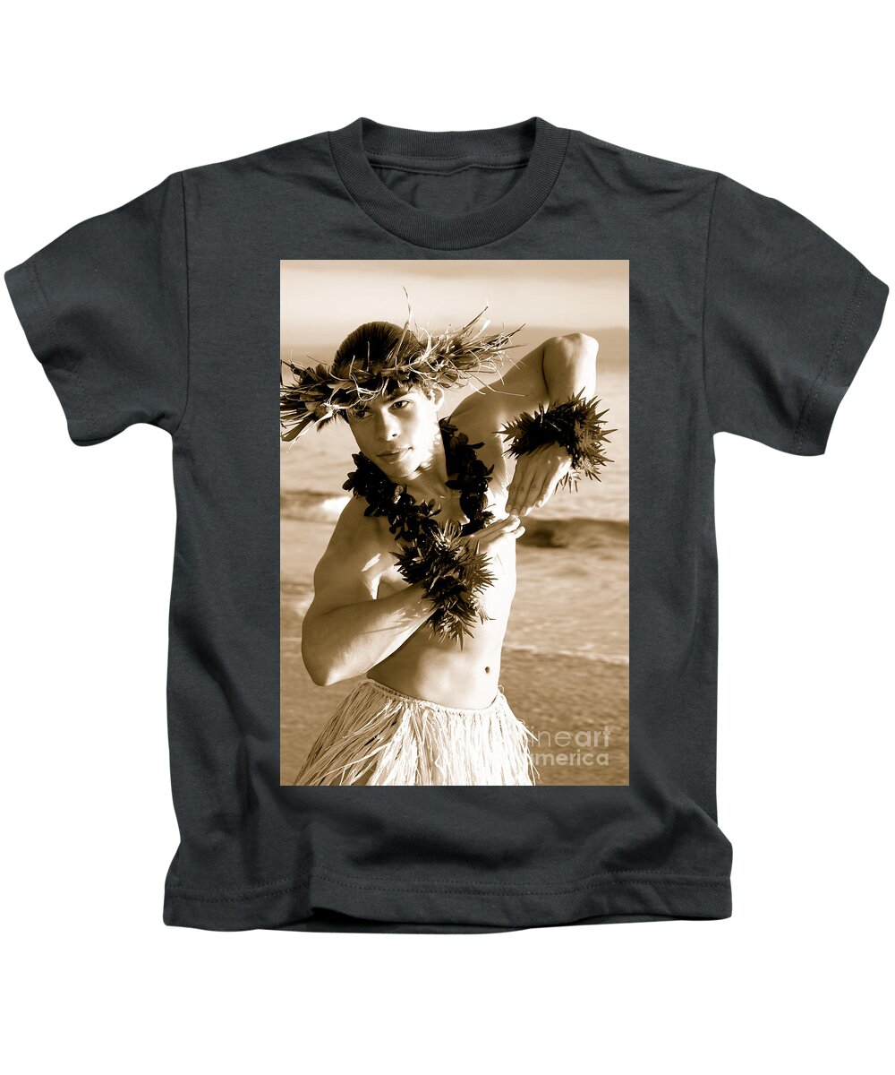 Beach Kids T-Shirt featuring the photograph Vintage photo of Hawaiian Hula Dancer close-up pose by Gunther Allen