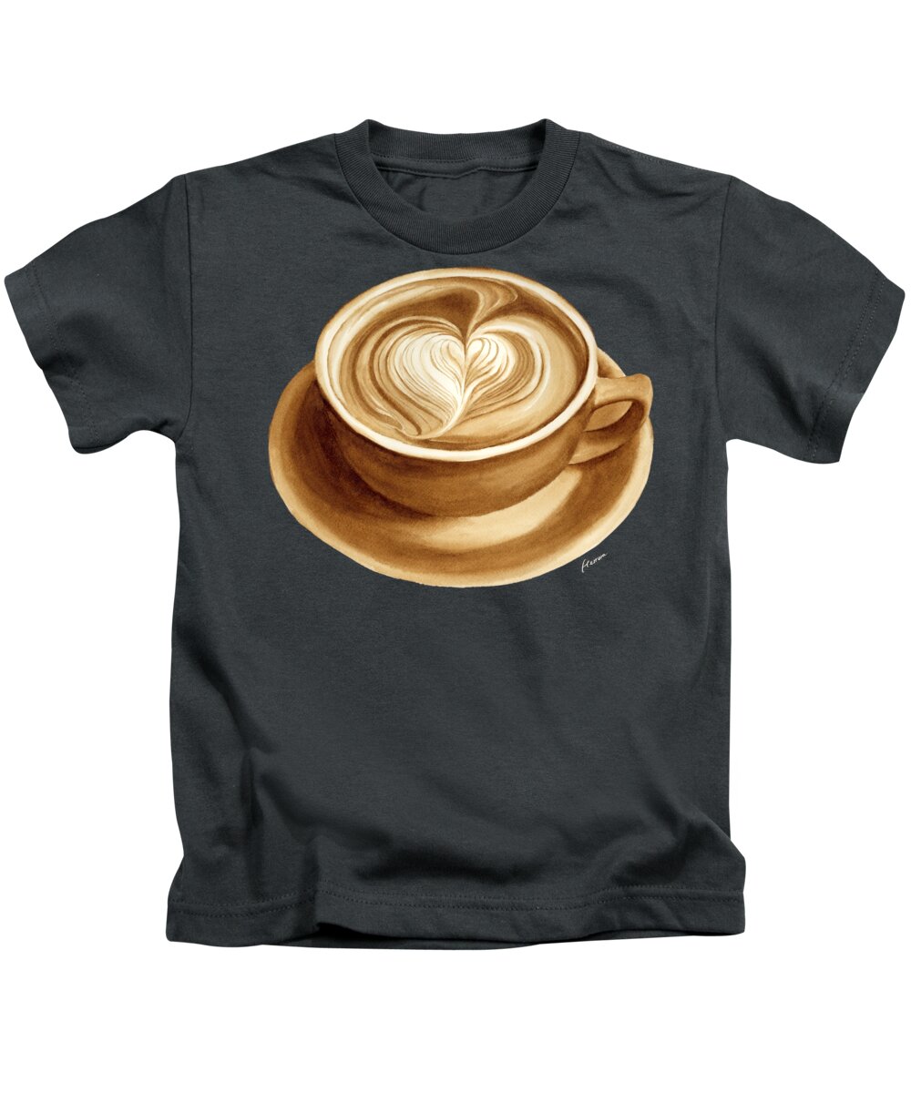 Coffee Art Kids T-Shirt featuring the painting Heart Latte II - solid background by Hailey E Herrera