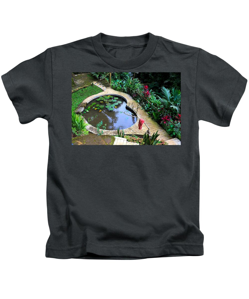 Heart Kids T-Shirt featuring the digital art Heart-shaped pond with water lilies by Worldvibes1