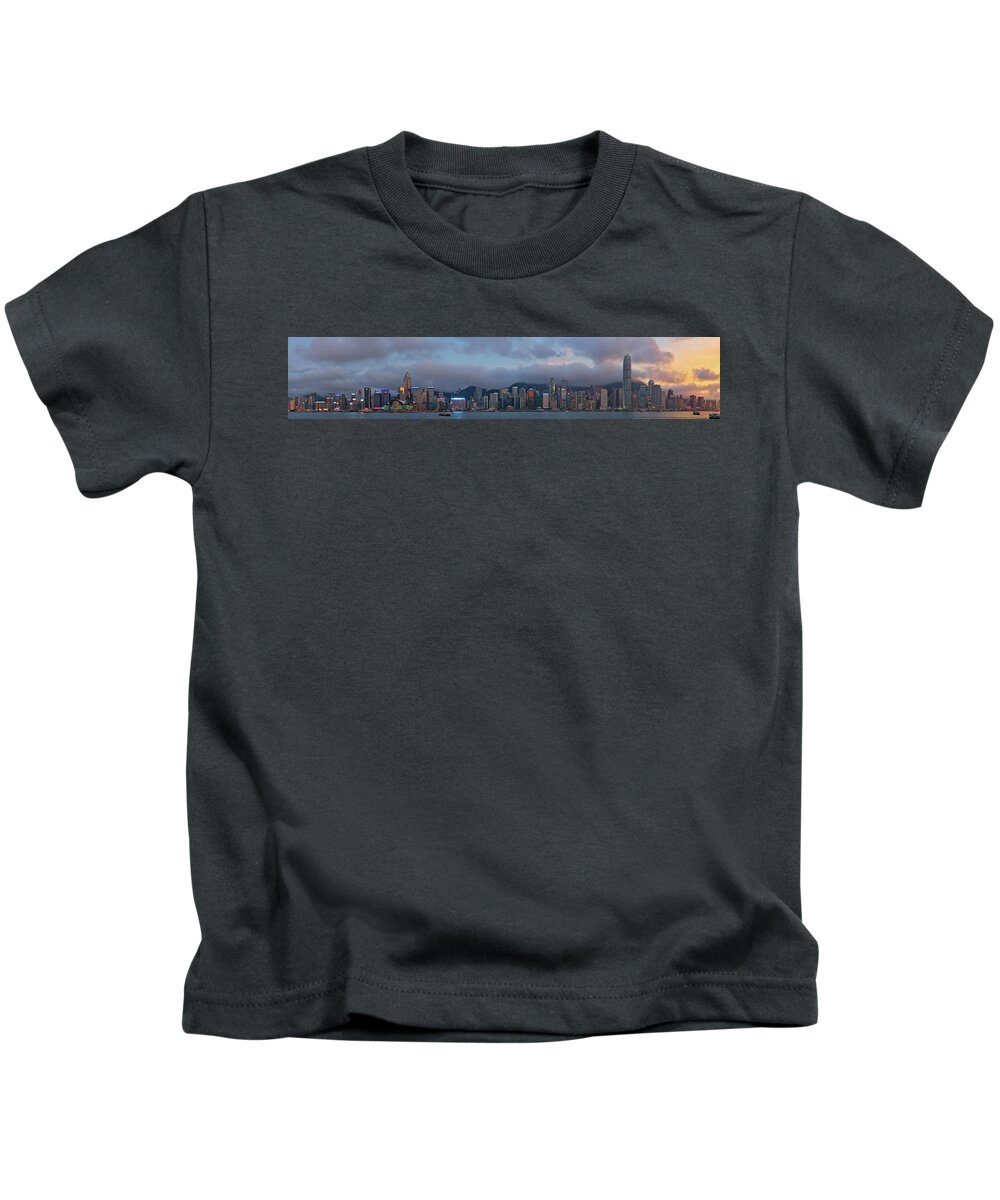 Hong Kids T-Shirt featuring the photograph Hong Kong Harbour Sunset Panorama by Sean Hannon