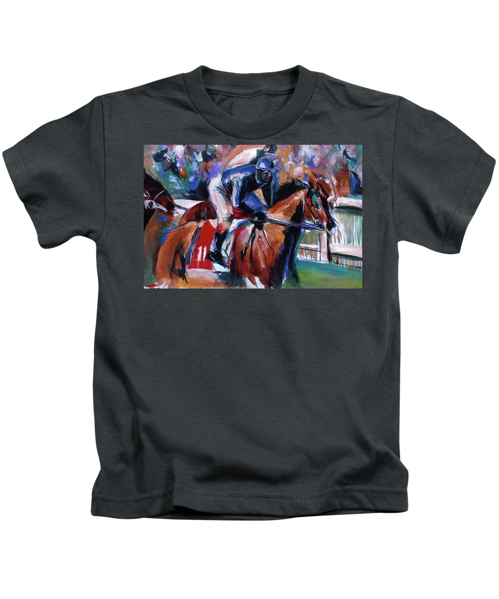 Kentucky Horse Racing Kids T-Shirt featuring the painting Horse 11 by John Gholson