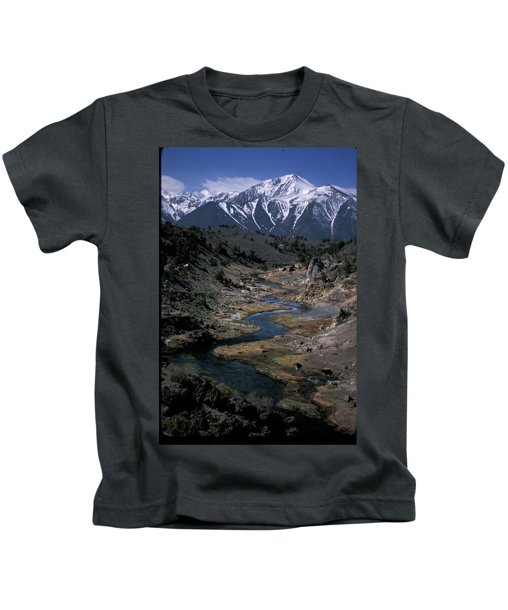 Hot Creek Kids T-Shirt featuring the photograph Hot Creek and Snow Capped Mt, Morrison by Bonnie Colgan