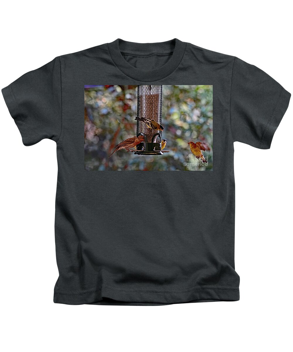Finch Kids T-Shirt featuring the photograph House Finch and Lesser Goldfinch by Amazing Action Photo Video