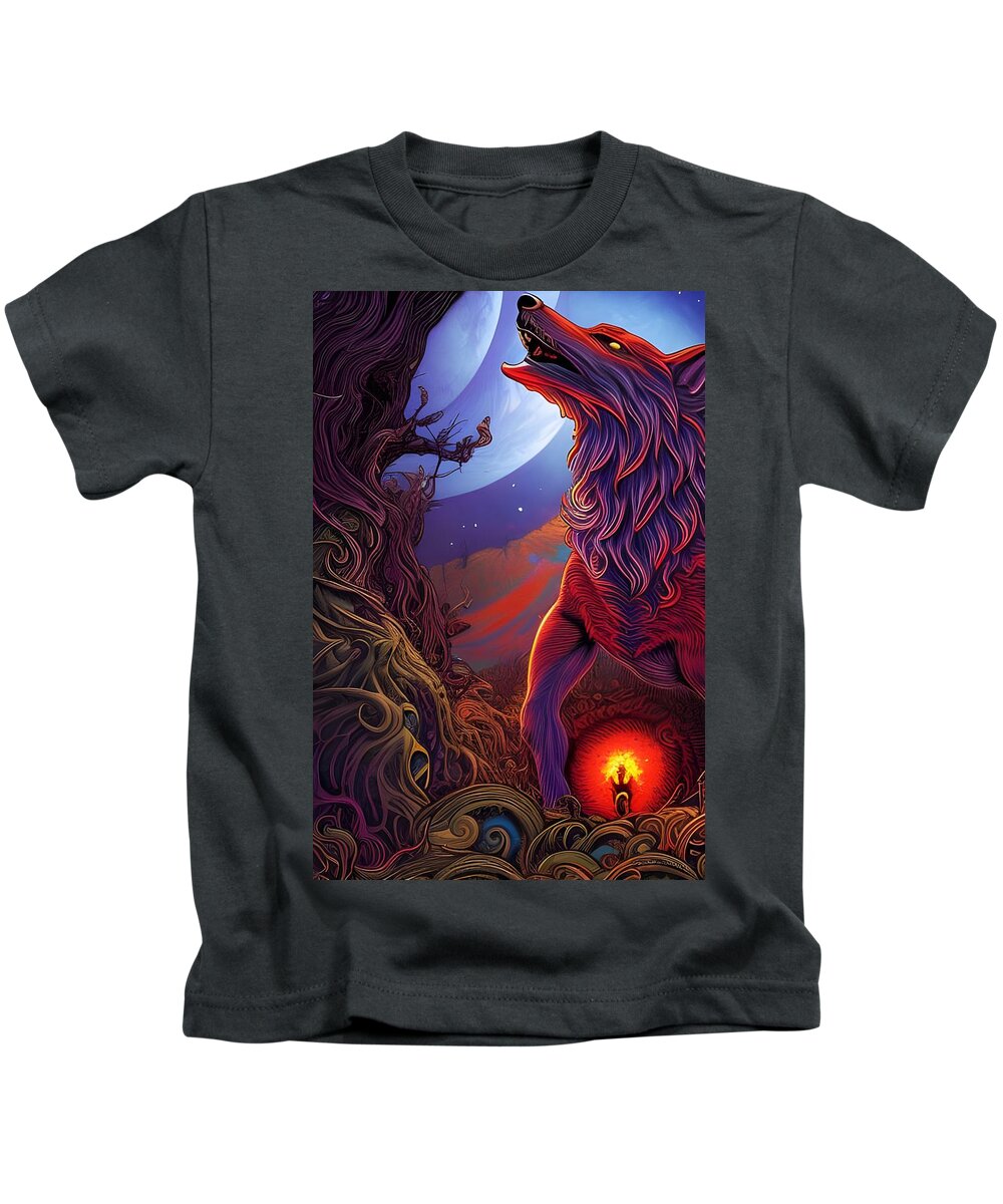 Wolf Kids T-Shirt featuring the digital art Howling Wolf Rooted Under The Moon by Jason Denis