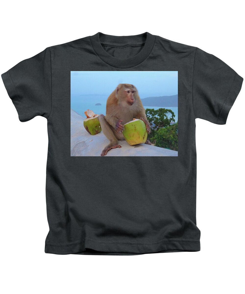 Monkey Kids T-Shirt featuring the photograph I Am A Monkey I Eat Therefore I Am by Andre Petrov