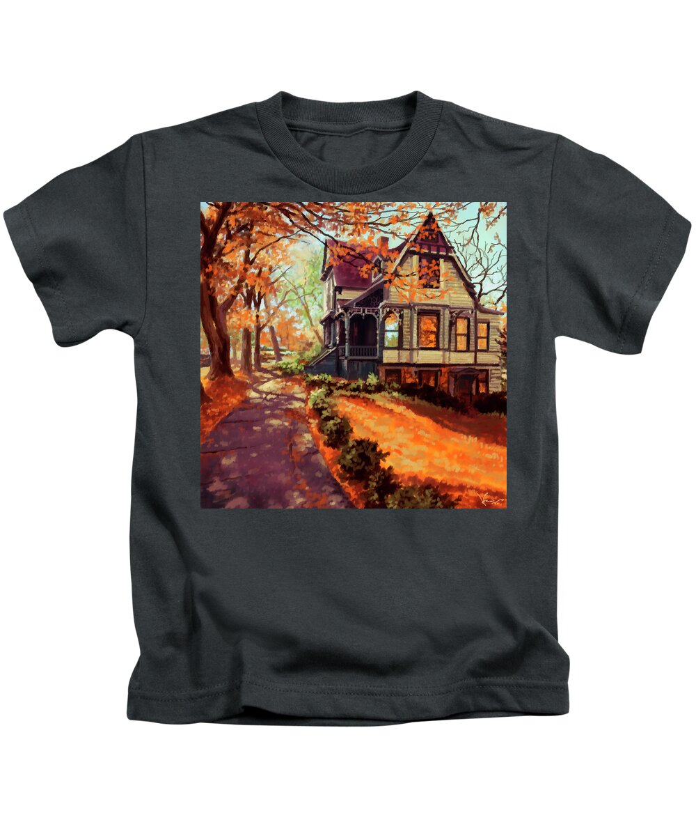 Home Kids T-Shirt featuring the painting In my home town by Hans Neuhart