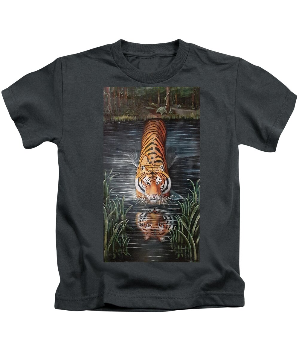 Tiger In Water Kids T-Shirt featuring the painting In My Way by Ruben Archuleta - Art Gallery
