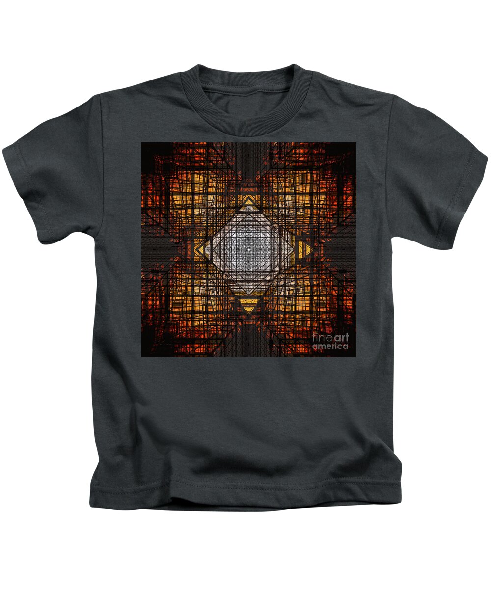 Architecture Kids T-Shirt featuring the digital art Intersecting Geometric Lines of Glass and Steel at Sunset by Neece Campione