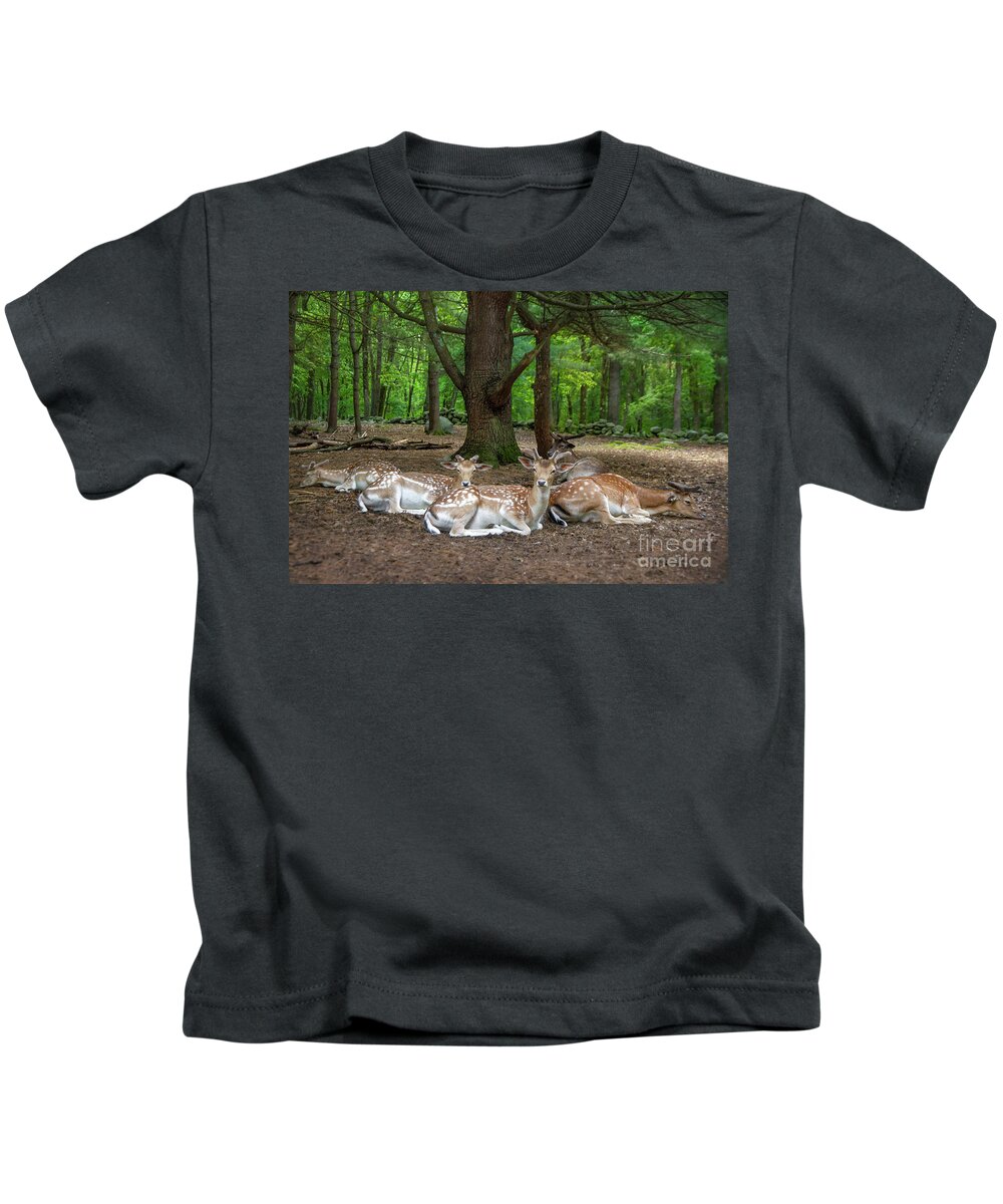 Deer Kids T-Shirt featuring the photograph Into the woods by Darya Zelentsova