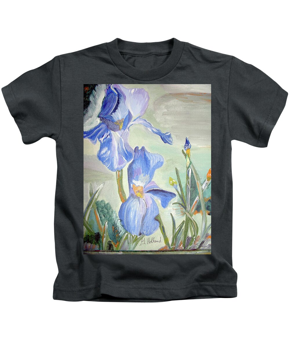 Iris Kids T-Shirt featuring the painting Bloom and budding by Genevieve Holland