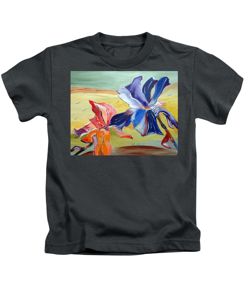Iris Kids T-Shirt featuring the painting Irises in the wind by Genevieve Holland