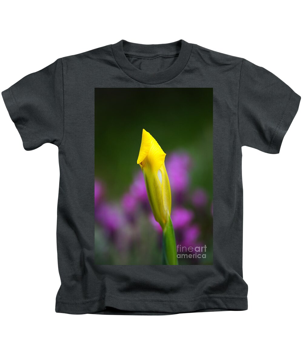 Iridaceae Kids T-Shirt featuring the photograph Iris Bud Yellow Hope by Joy Watson