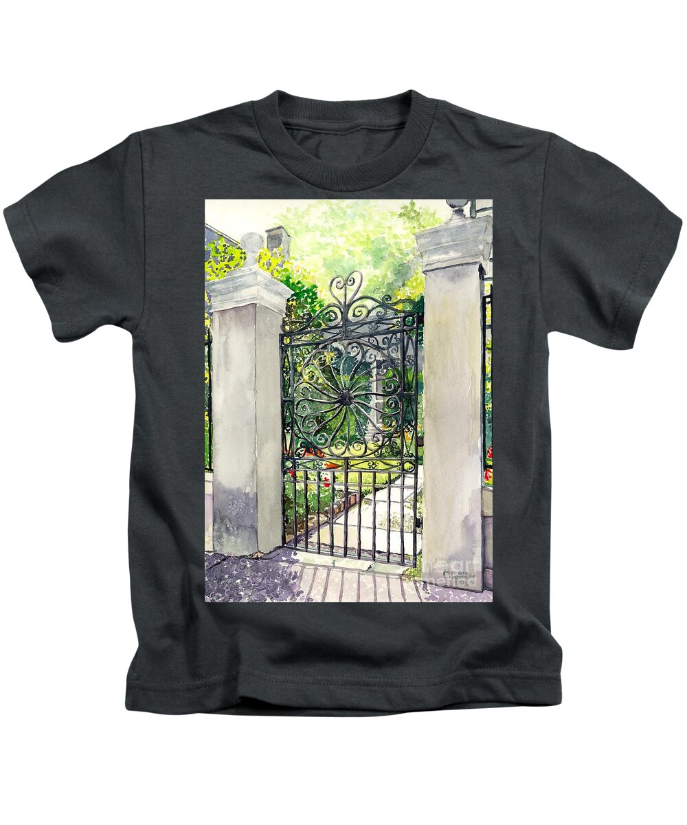 Iron Kids T-Shirt featuring the painting Iron Wheel gate by Merana Cadorette