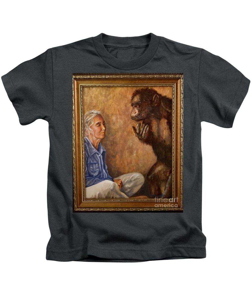 Jane Goodall Kids T-Shirt featuring the painting Jane Goodall and friend by Leland Castro