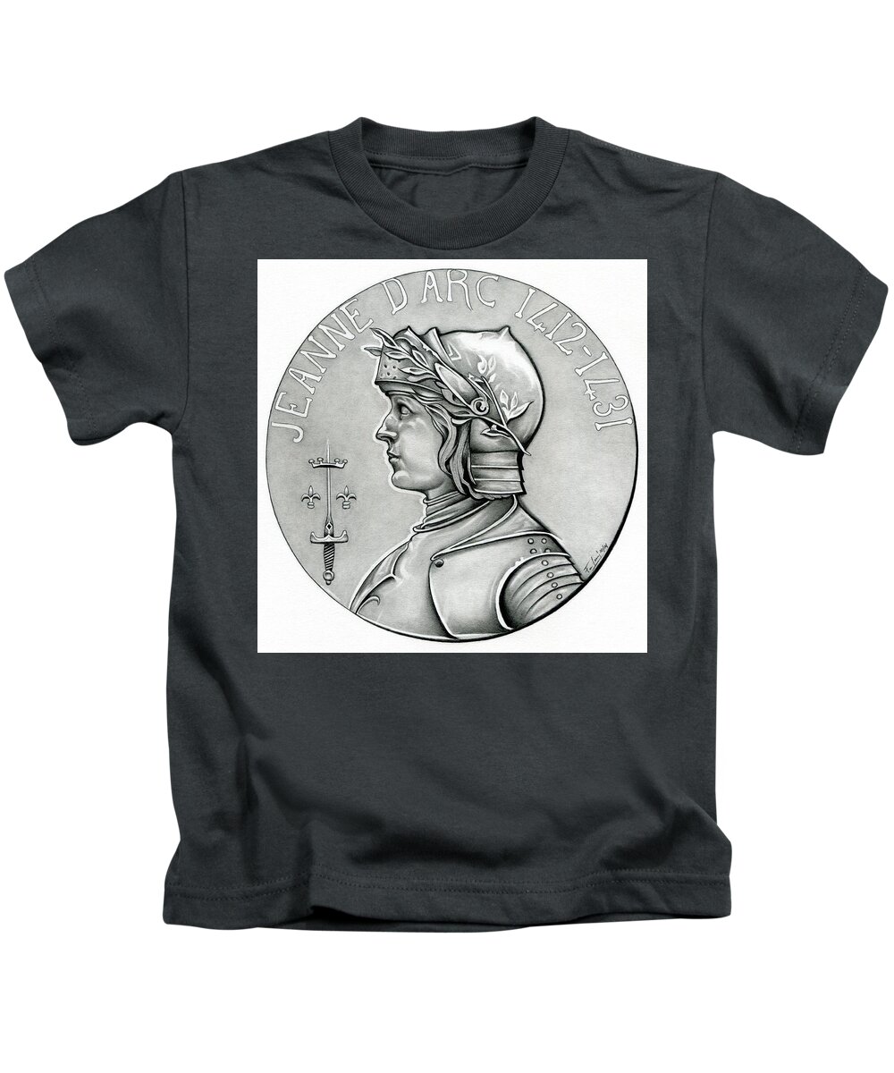 Coin Kids T-Shirt featuring the drawing Joan of Arc - Original Black and White Edition by Fred Larucci