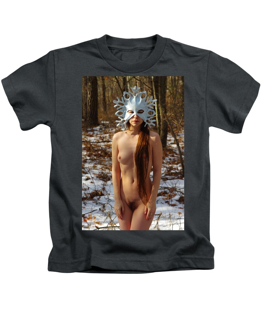 Nude Female Winter Forest Nymph Kids T-Shirt featuring the photograph Kazo0221 by Henry Butz
