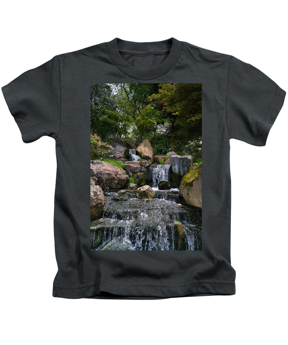 Kyoto Gardens Kids T-Shirt featuring the photograph Kyoto Japanese Garden Water Fall in Holland Park by Raymond Hill