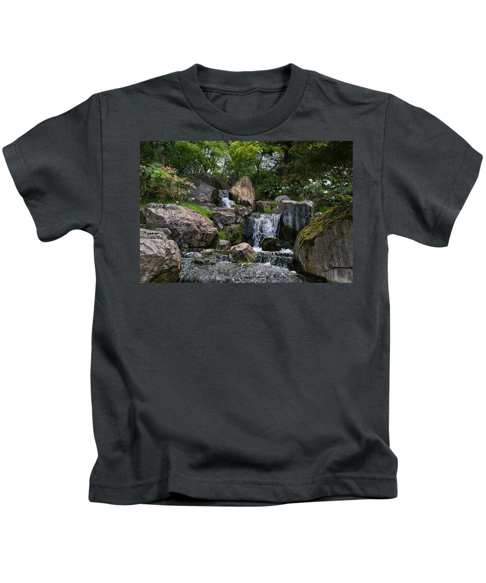 Kyotogardens Kids T-Shirt featuring the photograph Kyoto Gardens Waterfall by Raymond Hill