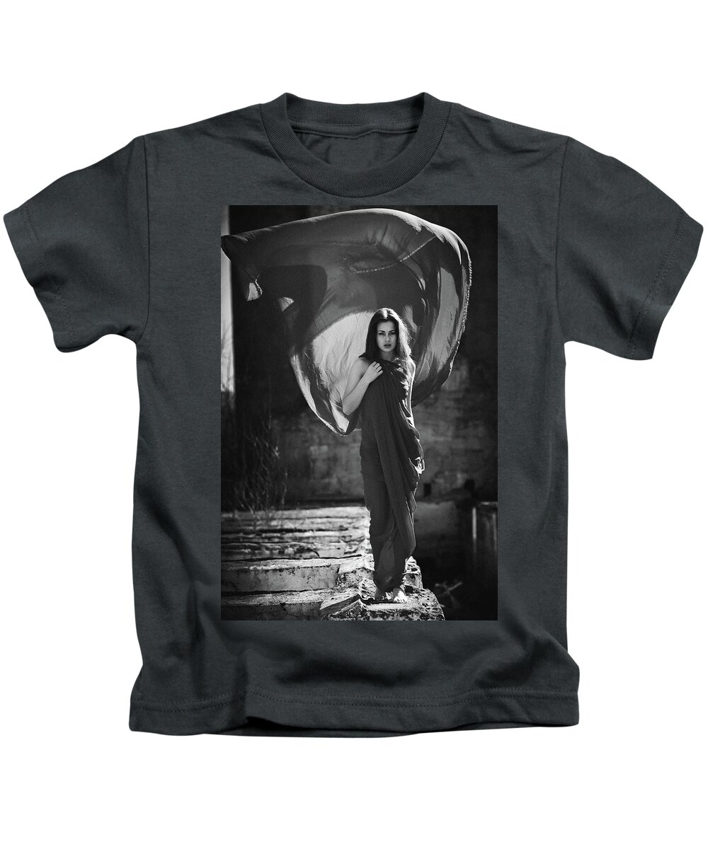 Russian Artist New Wave Kids T-Shirt featuring the photograph Lady in Red in Desolate Place Monochrome by Vitaly Vachrushev