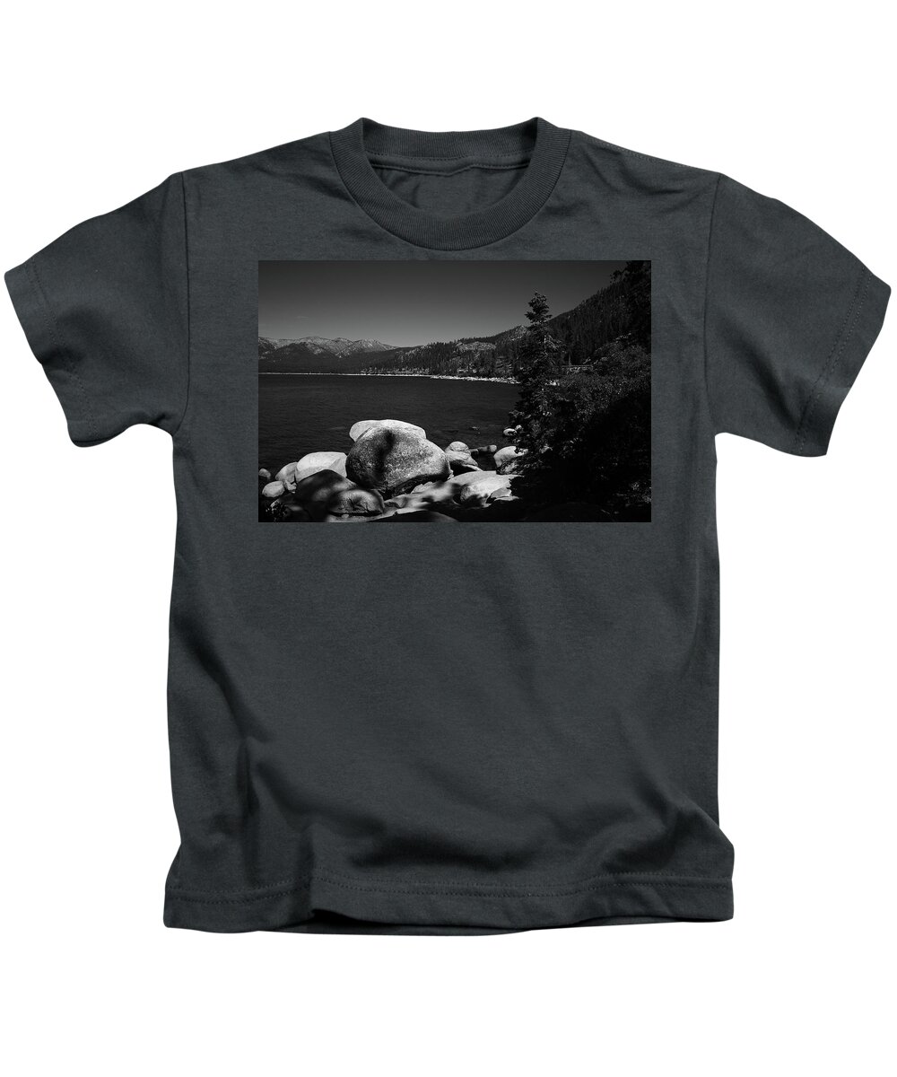 Alpine Kids T-Shirt featuring the photograph Lake Tahoe Rocky Shore 2008 #4 BW by Frank Romeo