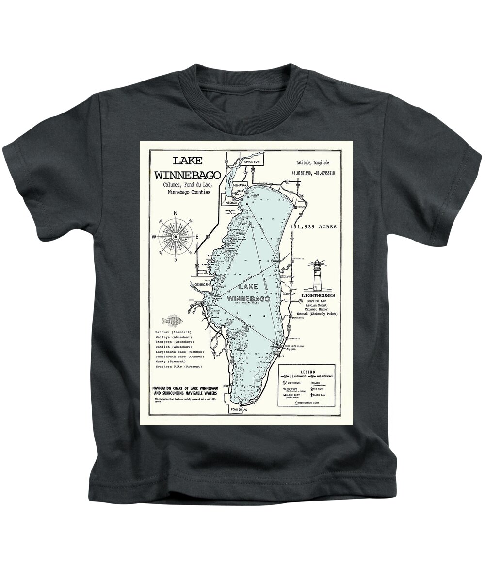 Map Kids T-Shirt featuring the digital art Lake Winnebago Wisconsin Map by Jean Plout