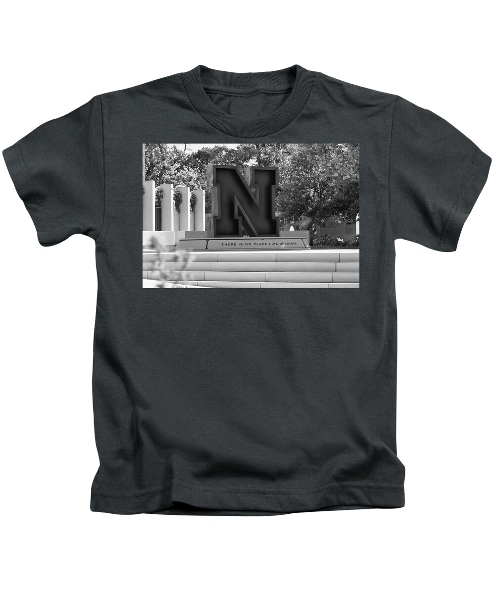 College Campus Tour Kids T-Shirt featuring the photograph Large Red N statue at the University of Nebraska in black and white by Eldon McGraw