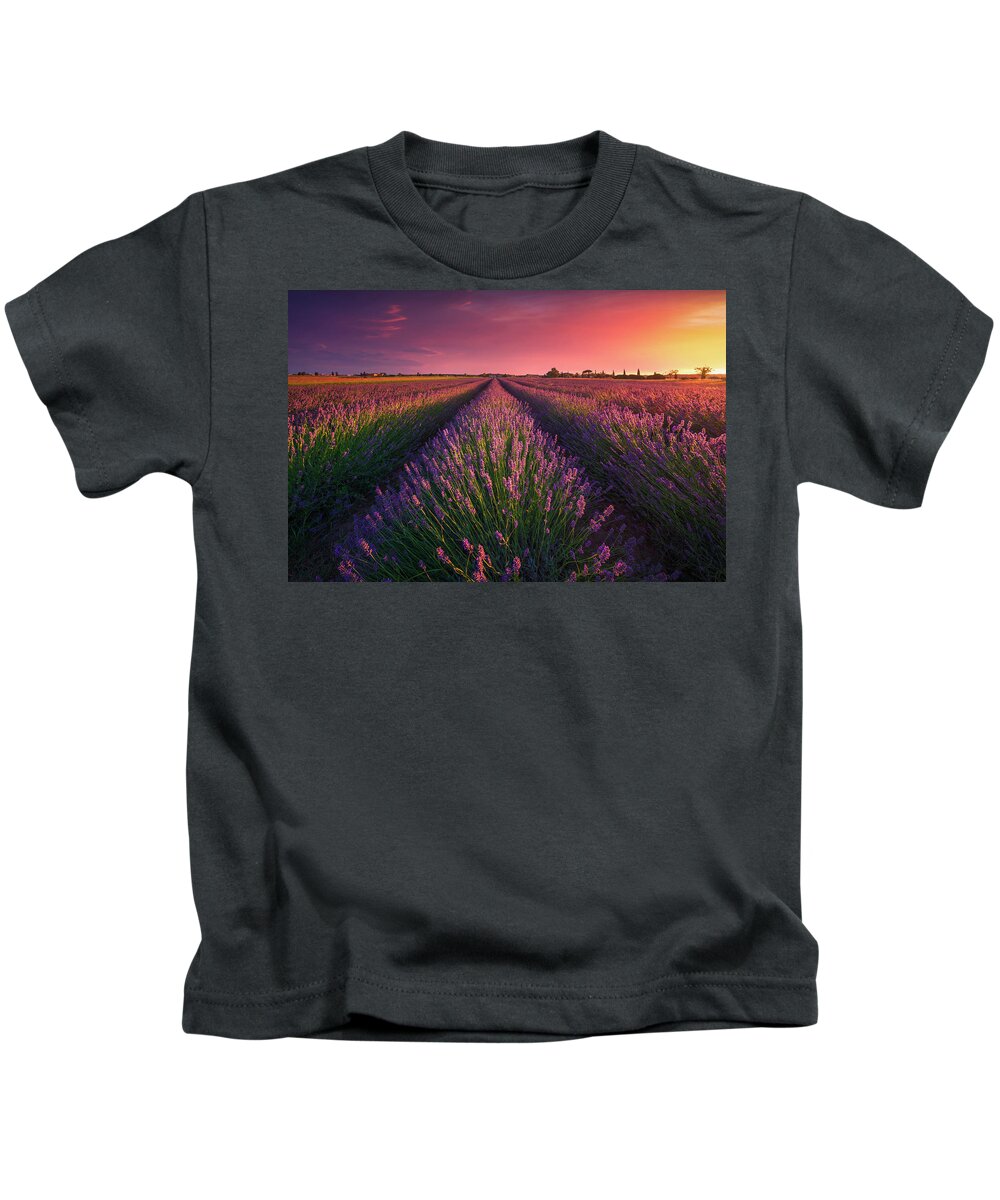 Lavender Kids T-Shirt featuring the photograph Lavender flowers fields and beautiful sunset. Cecina, Tuscany by Stefano Orazzini