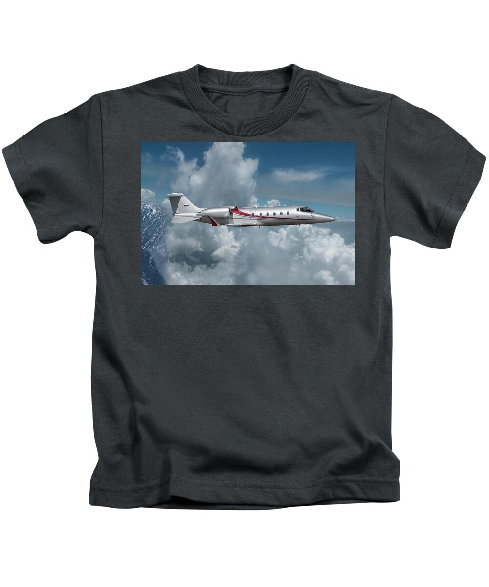 Learjet 60 Kids T-Shirt featuring the mixed media Learjet 60 In the Clouds by Erik Simonsen