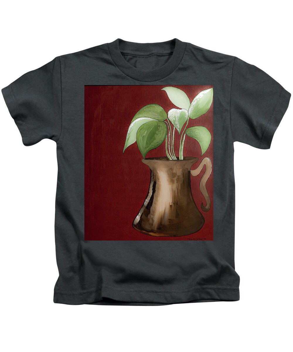 Still Life Kids T-Shirt featuring the painting Leaves in gold pot by Ted Clifton