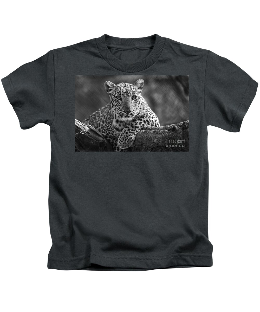 Leopard Kids T-Shirt featuring the digital art Leopard lokking down by Pravine Chester