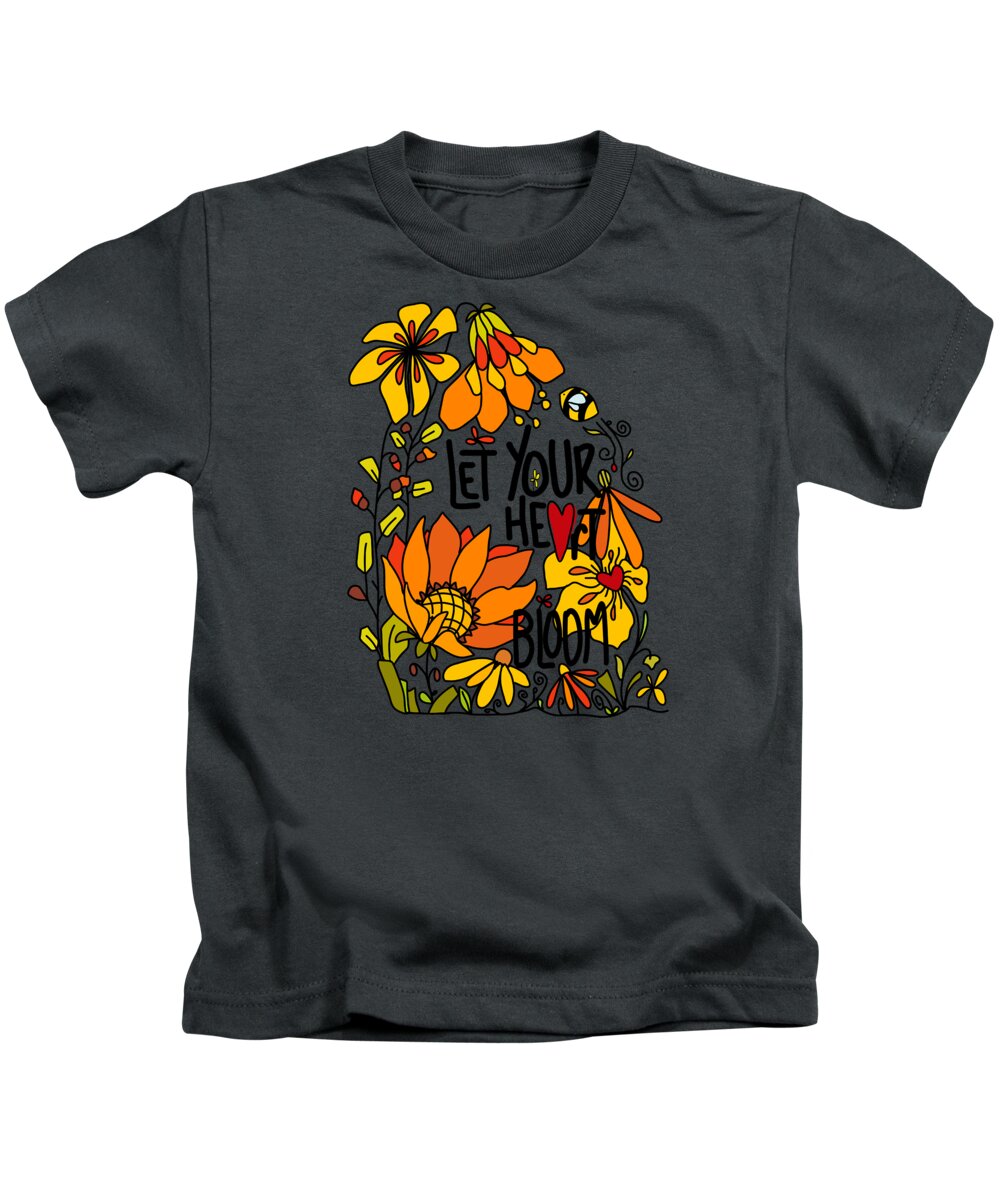 Let Your Heart Bloom Kids T-Shirt featuring the digital art Let Your Heart Bloom - Orange Green and Yellow and Black Line Art by Patricia Awapara