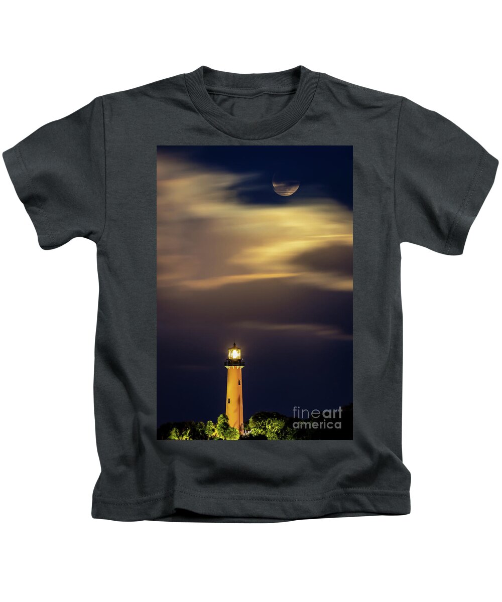 Lighthouse Kids T-Shirt featuring the photograph Lighthouse and Wolf Moon by Tom Claud