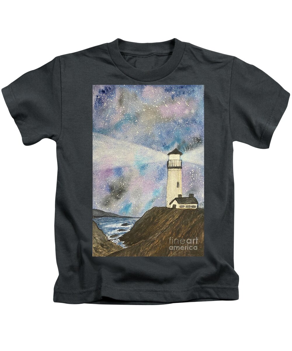 Lighthouse Kids T-Shirt featuring the painting Lighthouse at Night by Lisa Neuman