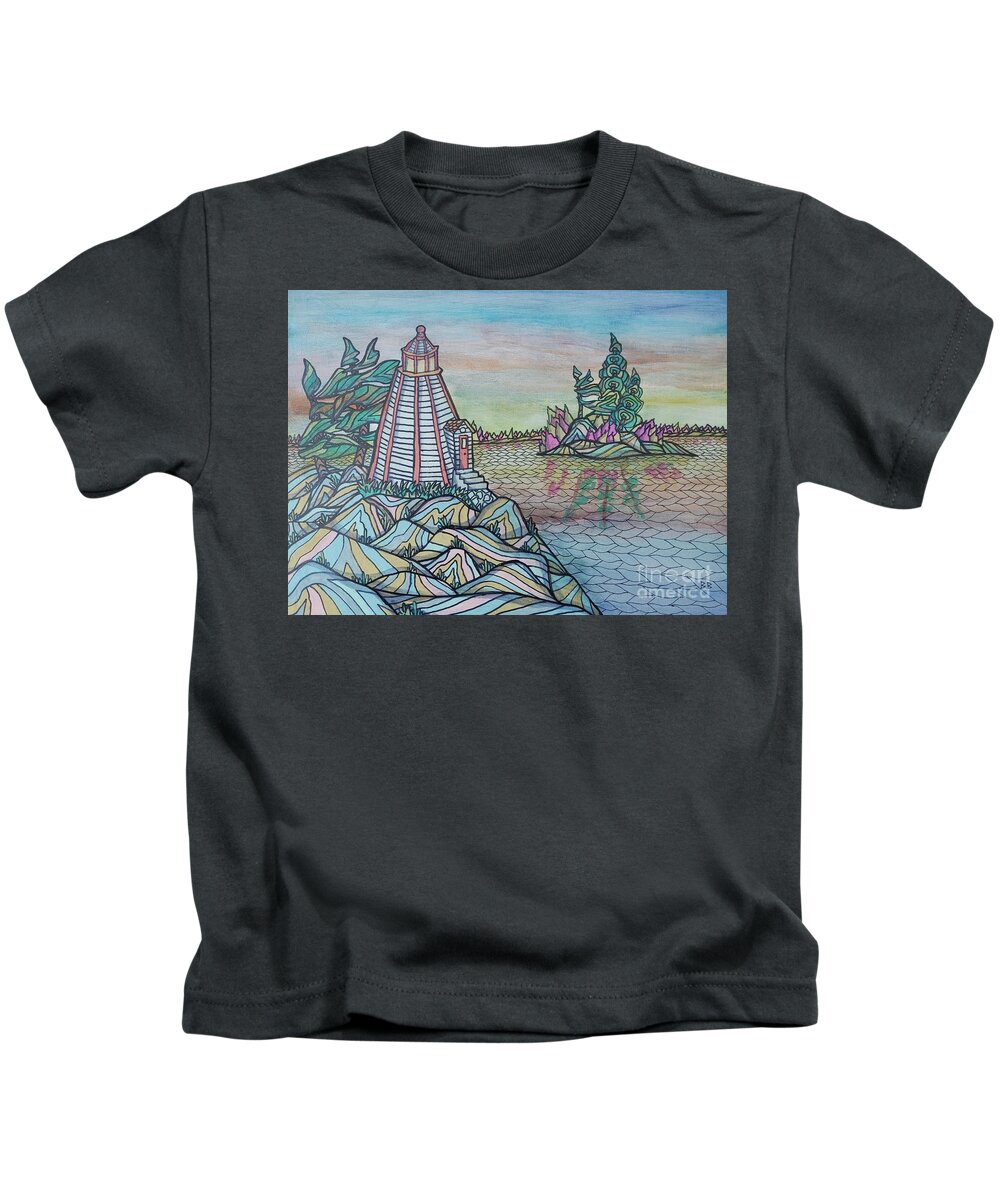 Lighthouse Landscape Seascape Nature Water Abstract Lobby Bag Kids T-Shirt featuring the painting Lighthouse Lookout by Bradley Boug
