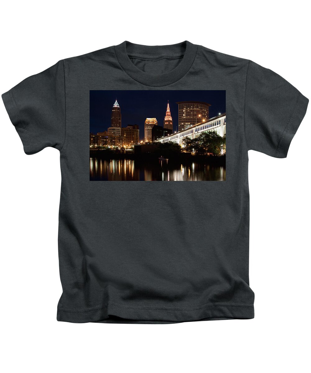 Cleveland Ohio Kids T-Shirt featuring the photograph Lights In Cleveland Ohio by Dale Kincaid