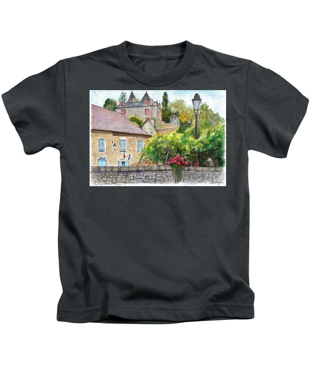 Rivers Kids T-Shirt featuring the painting Limeuil Mairie in France by Dai Wynn