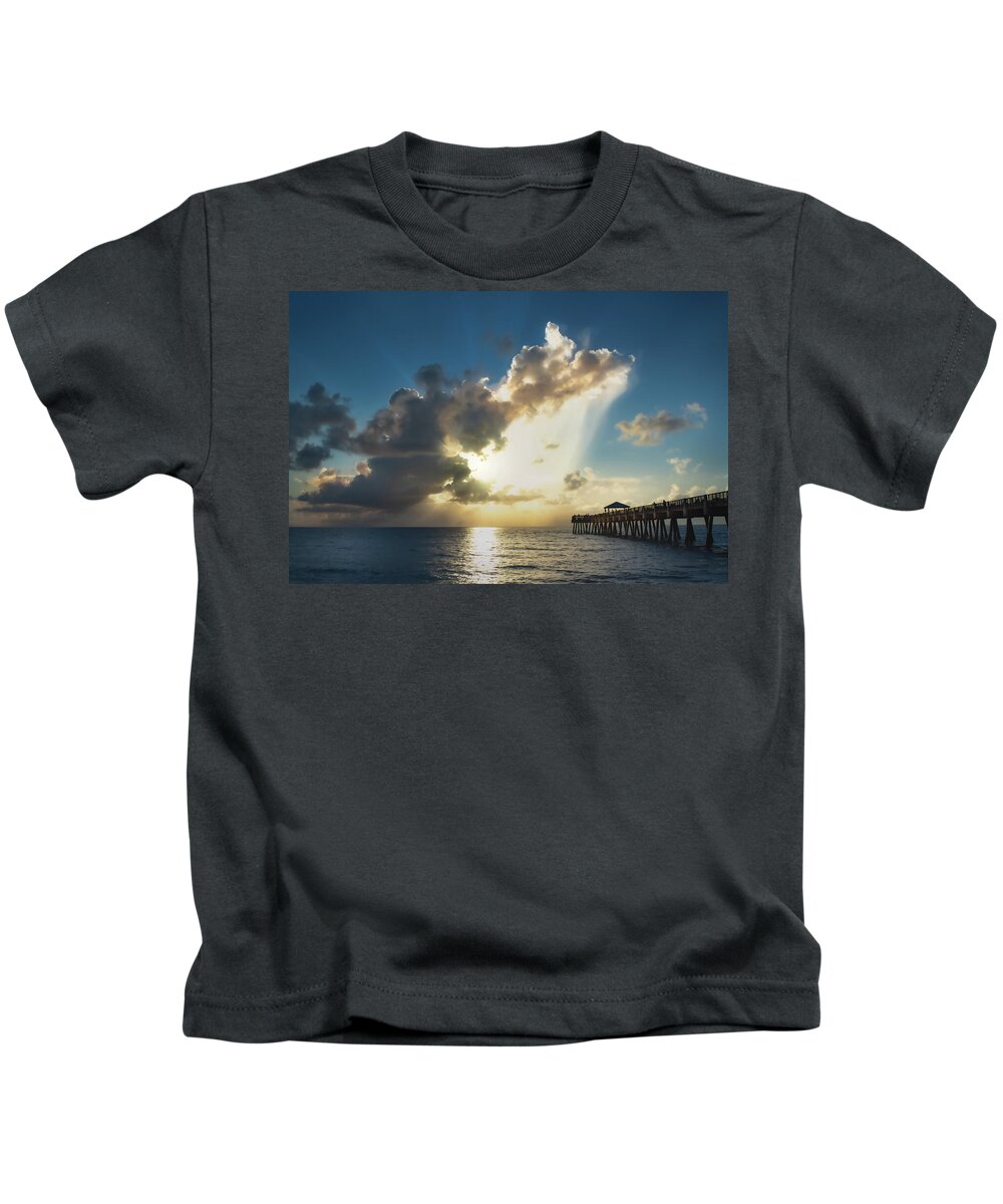 Sunrise Rain Kids T-Shirt featuring the photograph Liquid Sunshine by Rebecca Herranen
