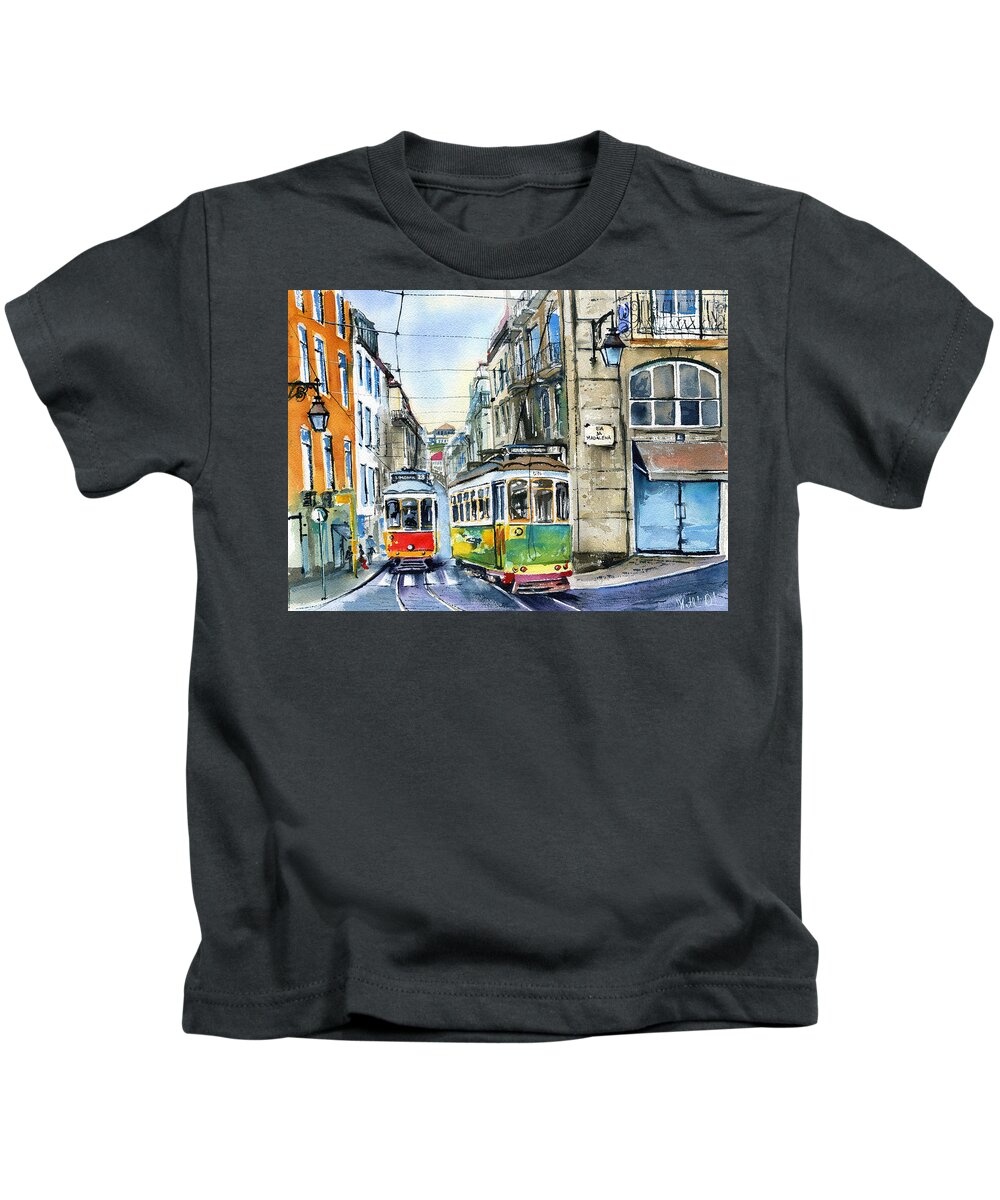 Lisboa Kids T-Shirt featuring the painting Lisbon Trams at Rua Da Madalena by Dora Hathazi Mendes