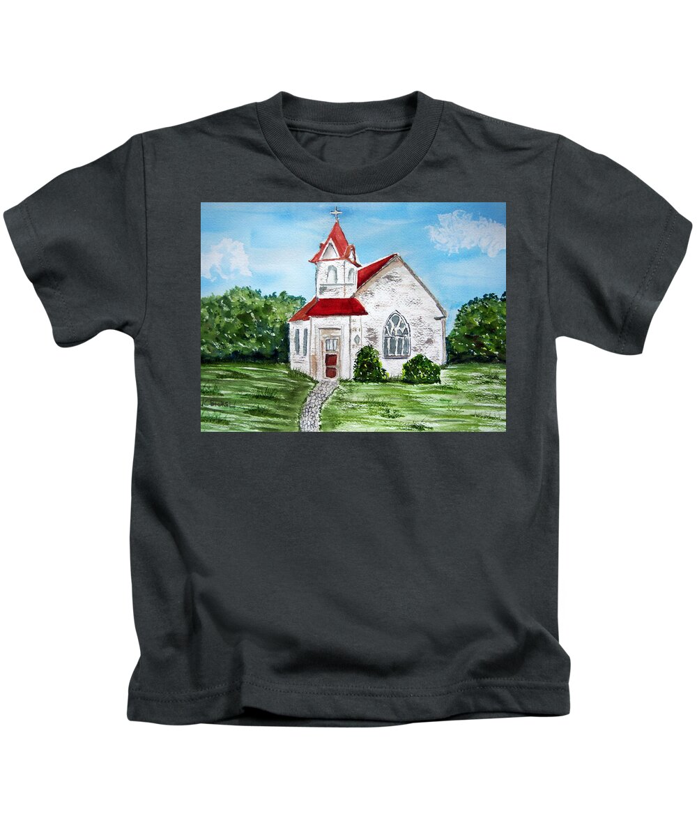 Country Church Kids T-Shirt featuring the painting Little Country Church by Jacquelin Bickel