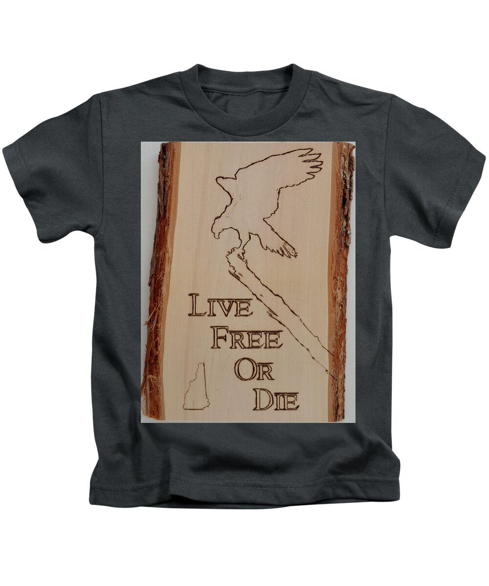 Pyrography Kids T-Shirt featuring the pyrography Live Free Or Die by Sean Connolly