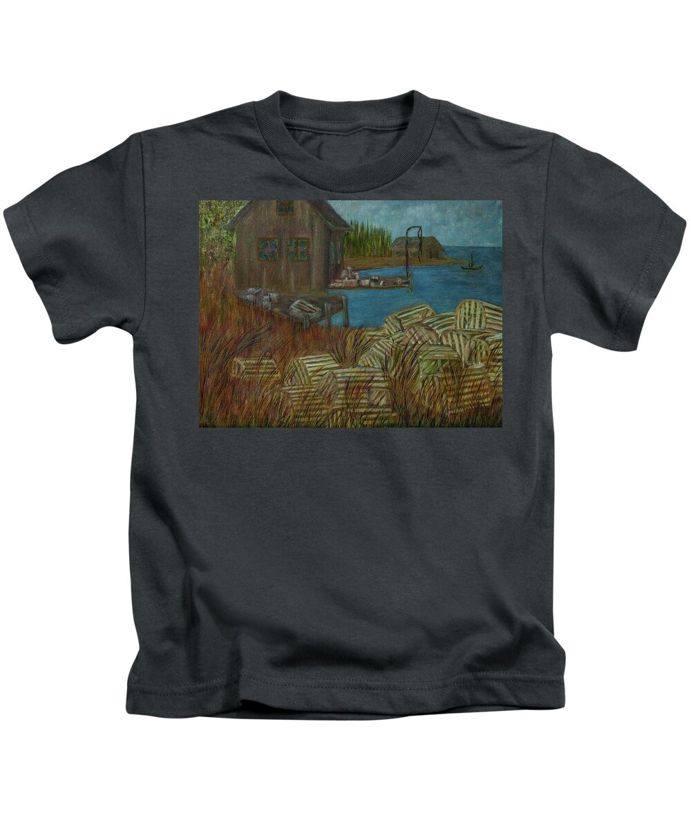 Lobster Kids T-Shirt featuring the painting Lobster Pot Graveyard by Randy Sylvia