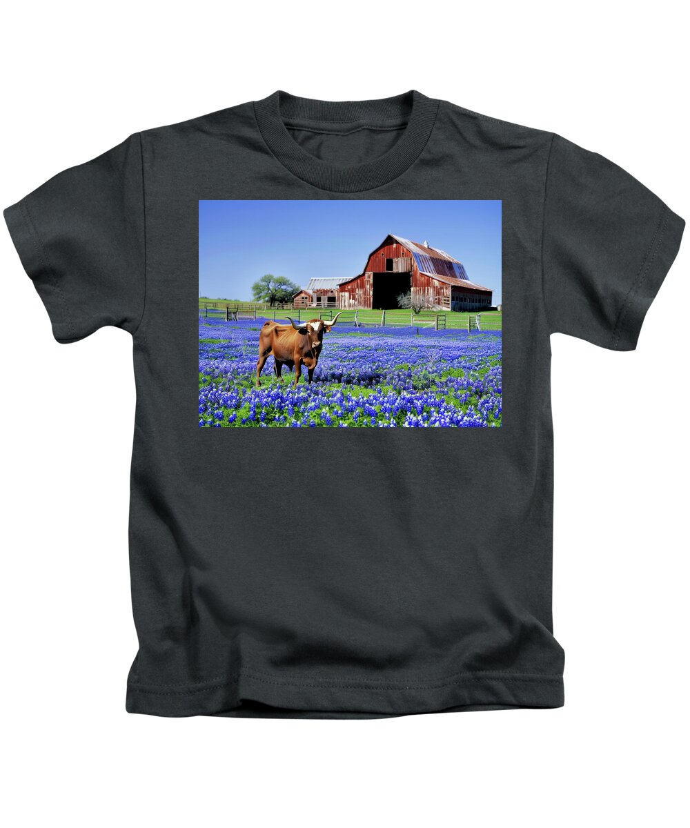 Texas Kids T-Shirt featuring the digital art Longhorn and Bluebonnets #4 by Joe Paul