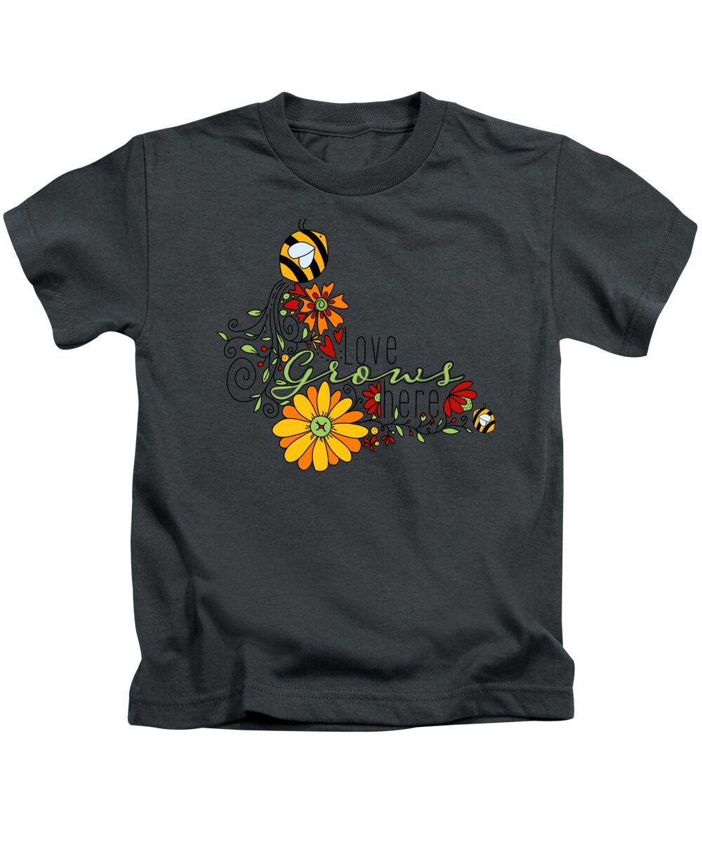 Love Grows Here Art. Awapara Art Kids T-Shirt featuring the digital art Love Grows Here - Flower Garden Line Art by Patricia Awapara