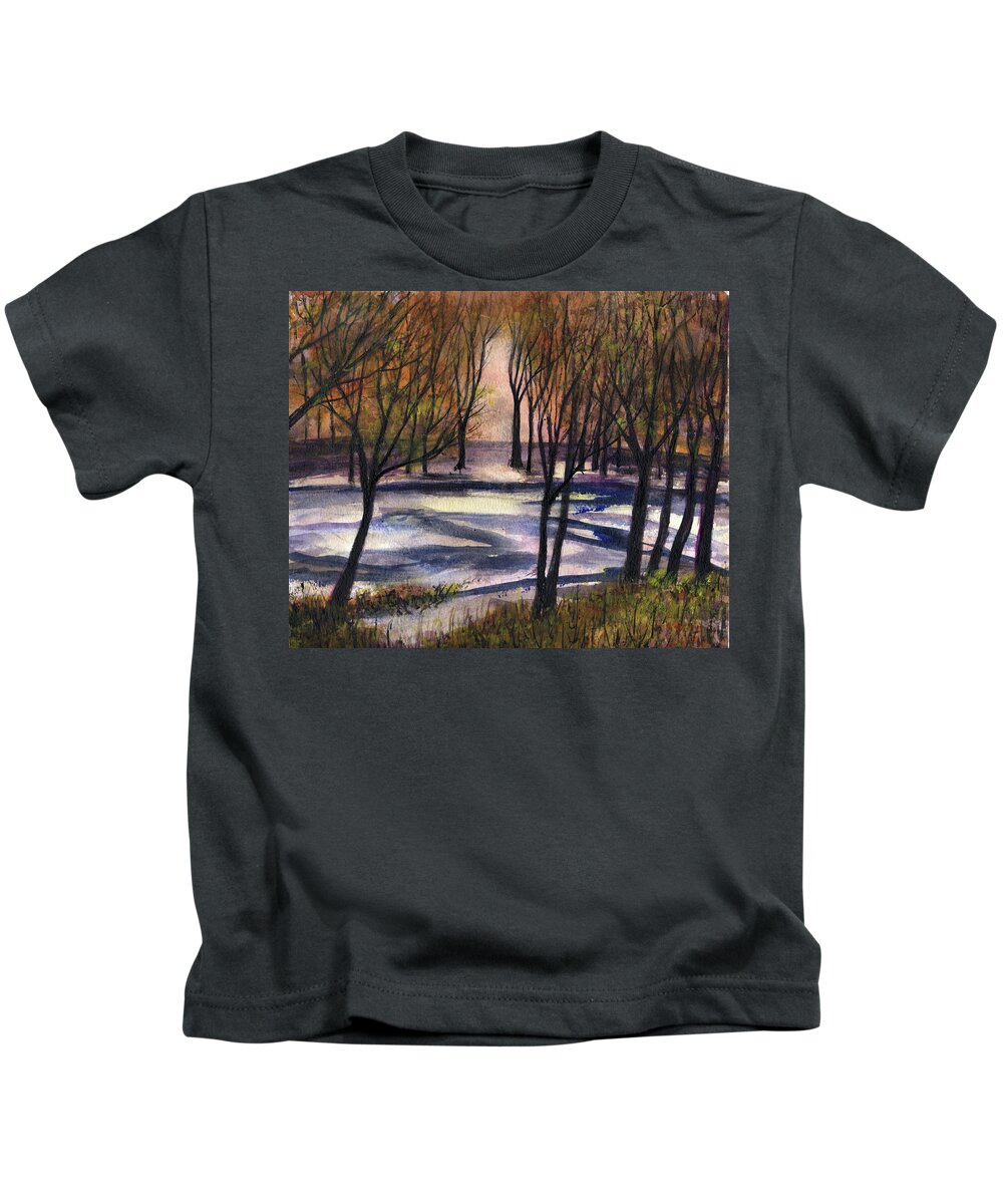 Snow Kids T-Shirt featuring the painting Lower 40 Getting Some Snow Tonight by Randy Sprout