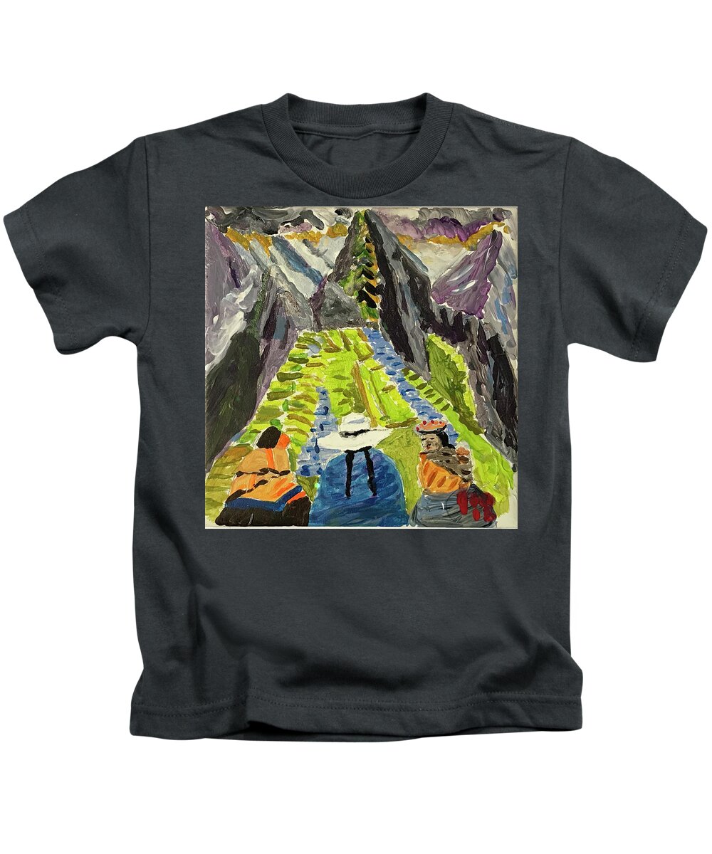  Kids T-Shirt featuring the painting Machu Pichu journey by John Macarthur