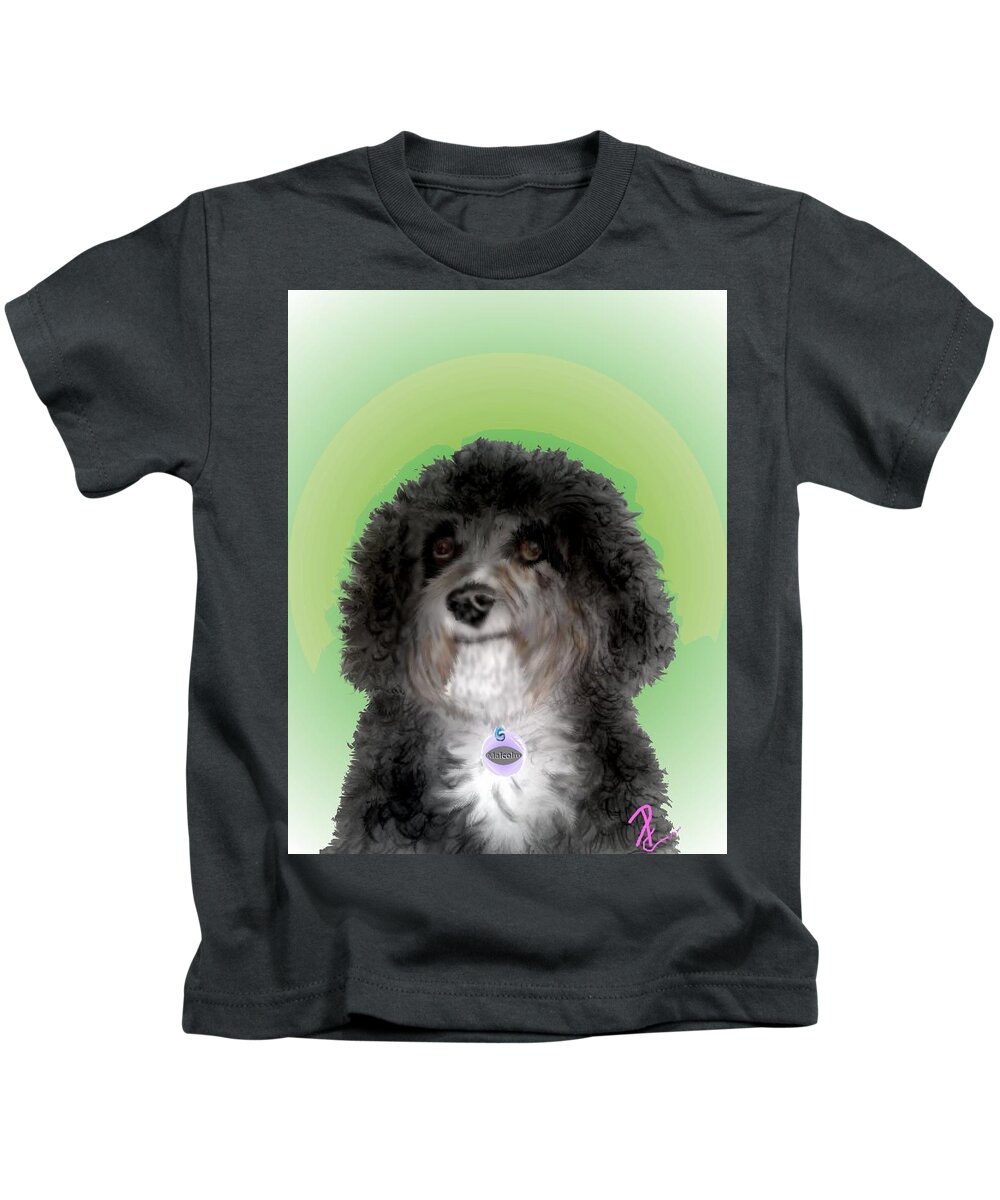 Malcolm Cockapoo Cute Picture Dog Curly Dog Black Dog Pencil Sketch Mixed Media Digitally Enhanced. Kids T-Shirt featuring the mixed media Malcolm poses by Pamela Calhoun