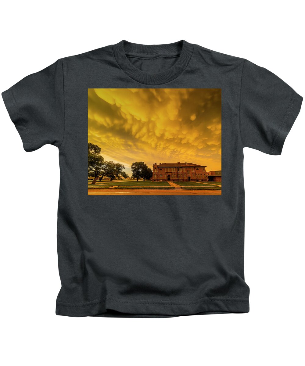 Clouds Kids T-Shirt featuring the photograph Mammatus Clouds over Chester School Building by Art Whitton