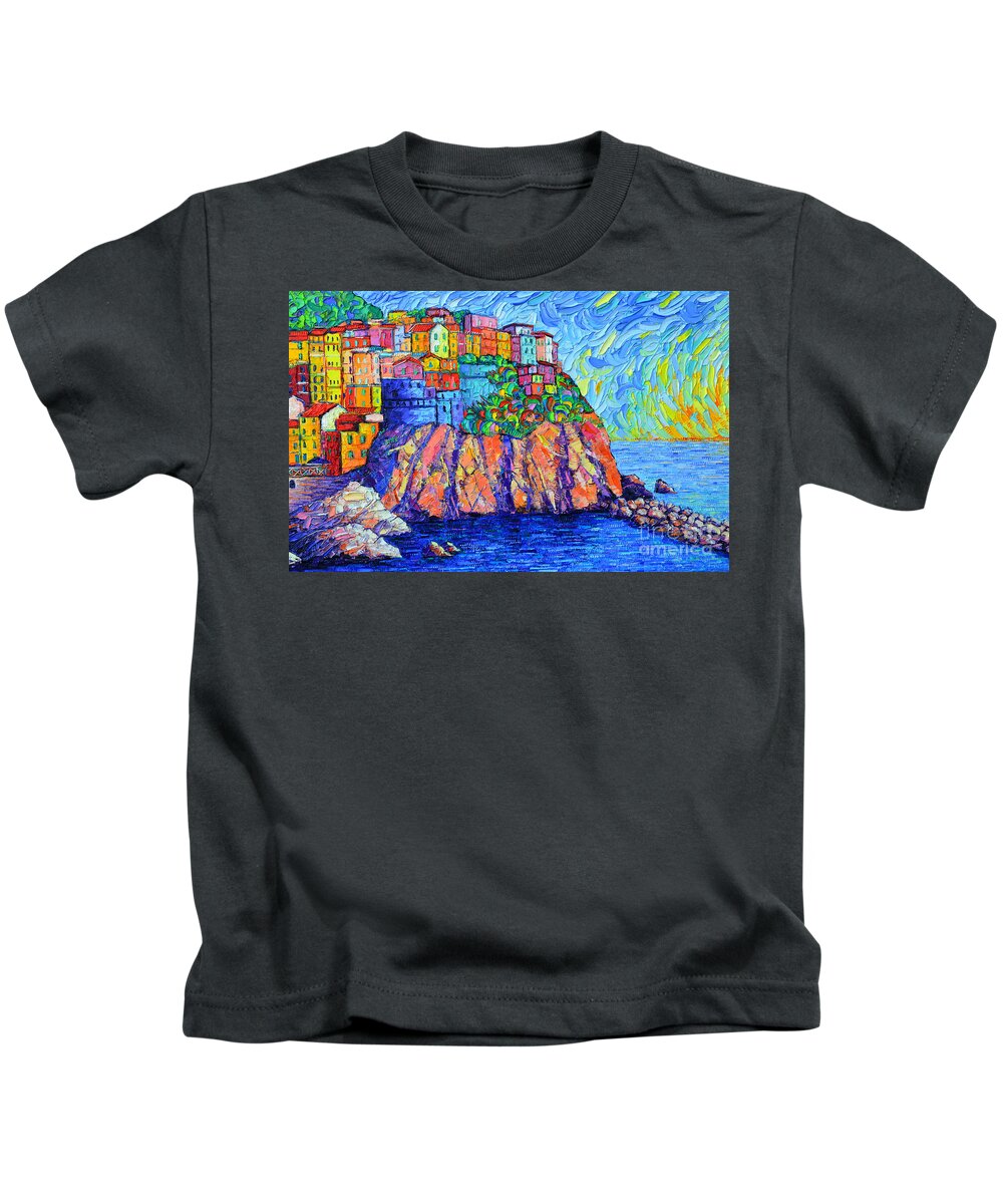 Manarola Kids T-Shirt featuring the painting Manarola Cinque Terre Italy by Ana Maria Edulescu